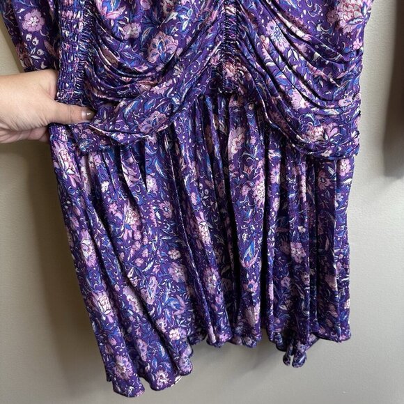 Maje Floral Mini Dress Size 38 UK 10 $445 Purple Georgette Smocked Cut Out Boho - Picture 12 of 16